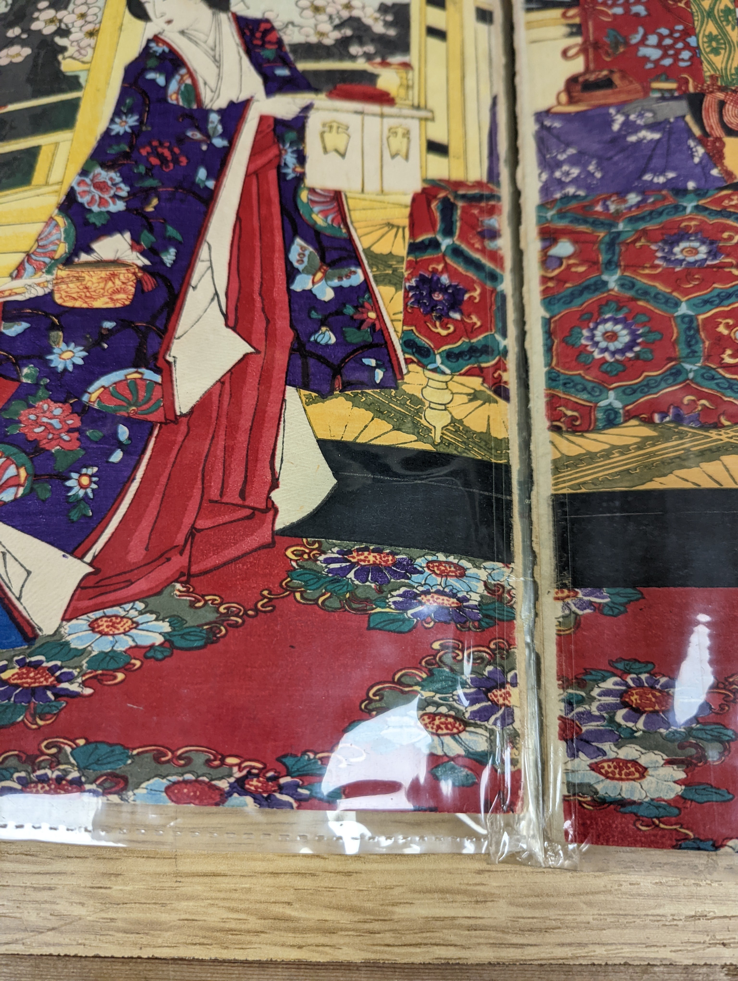 Three Japanese woodblock triptychs by Chikanobu Toyohara and others, Oban format